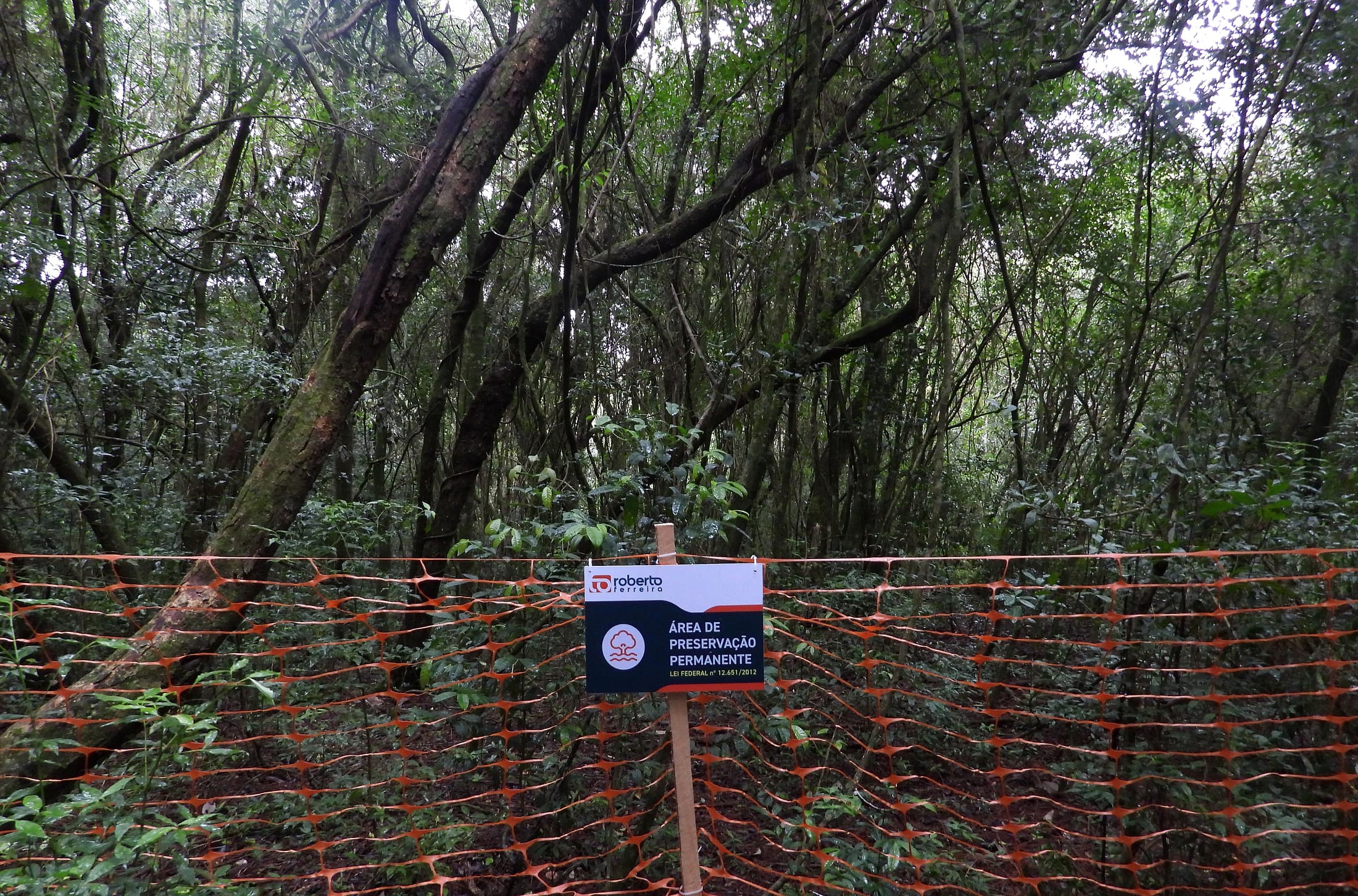 Placa de Área de Preservação Permanente presa a uma tela laranja de obra, instalada dentro da mata do Belvedere II.