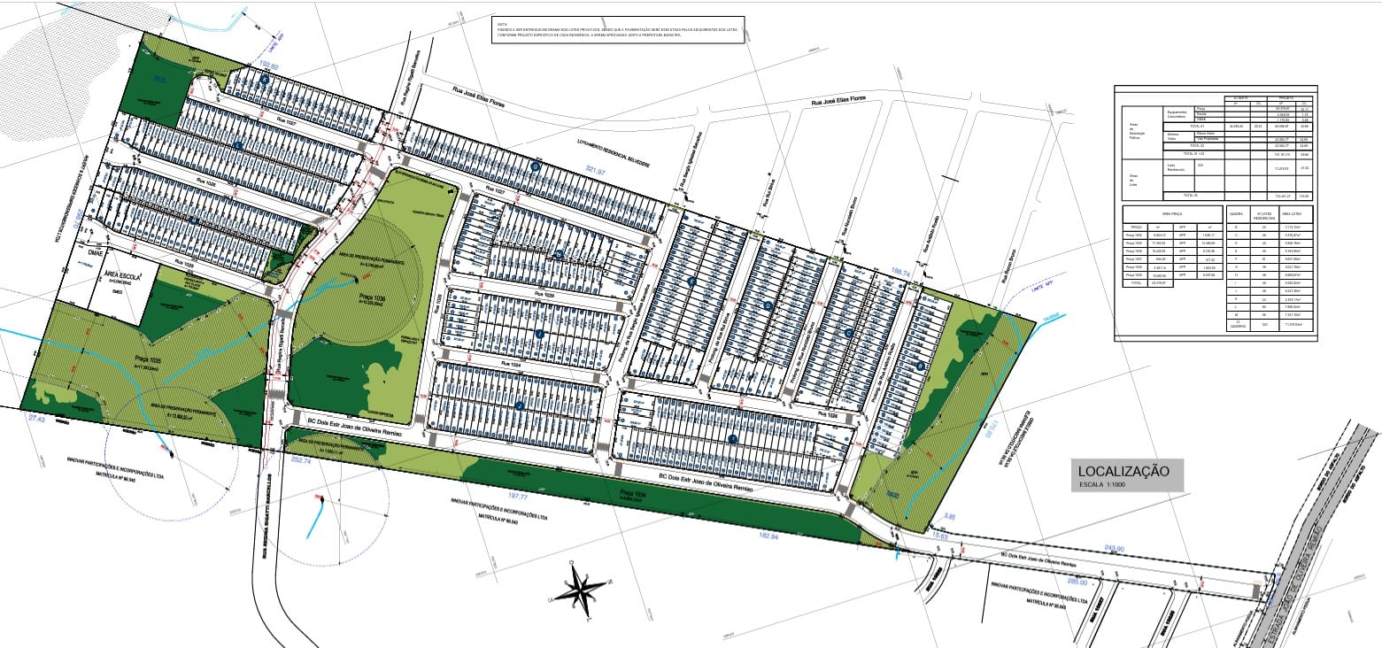 Planta urbanística do Loteamento Residencial Belvedere: quadras e lotes, vias, praças e, em verde, as áreas de preservação e as Áreas de Preservação Permanente margeando os cursos d'água.