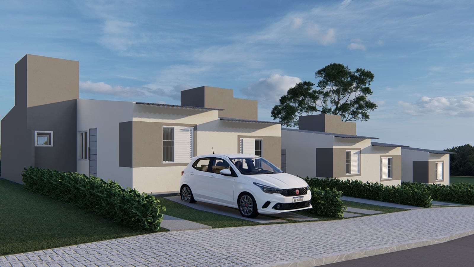 Render das casas do Belvedere II vistas da rua: unidades térreas geminadas, com recuo gramado e calçada.