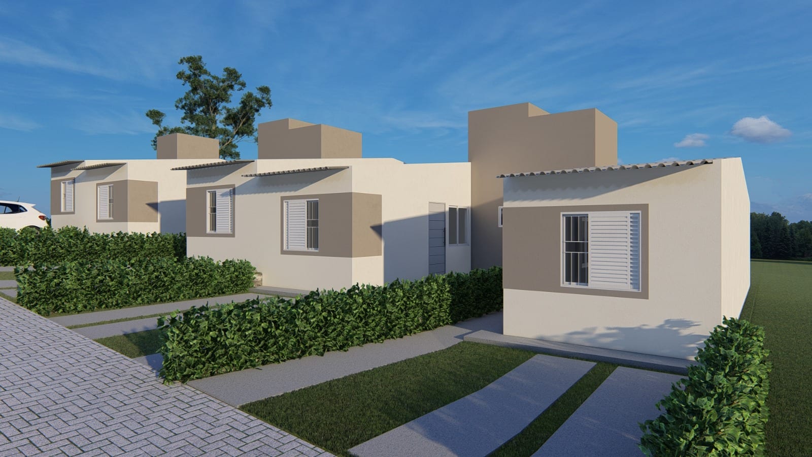 Render do conjunto de casas do Belvedere II em fileira, com cercas vivas e área gramada.