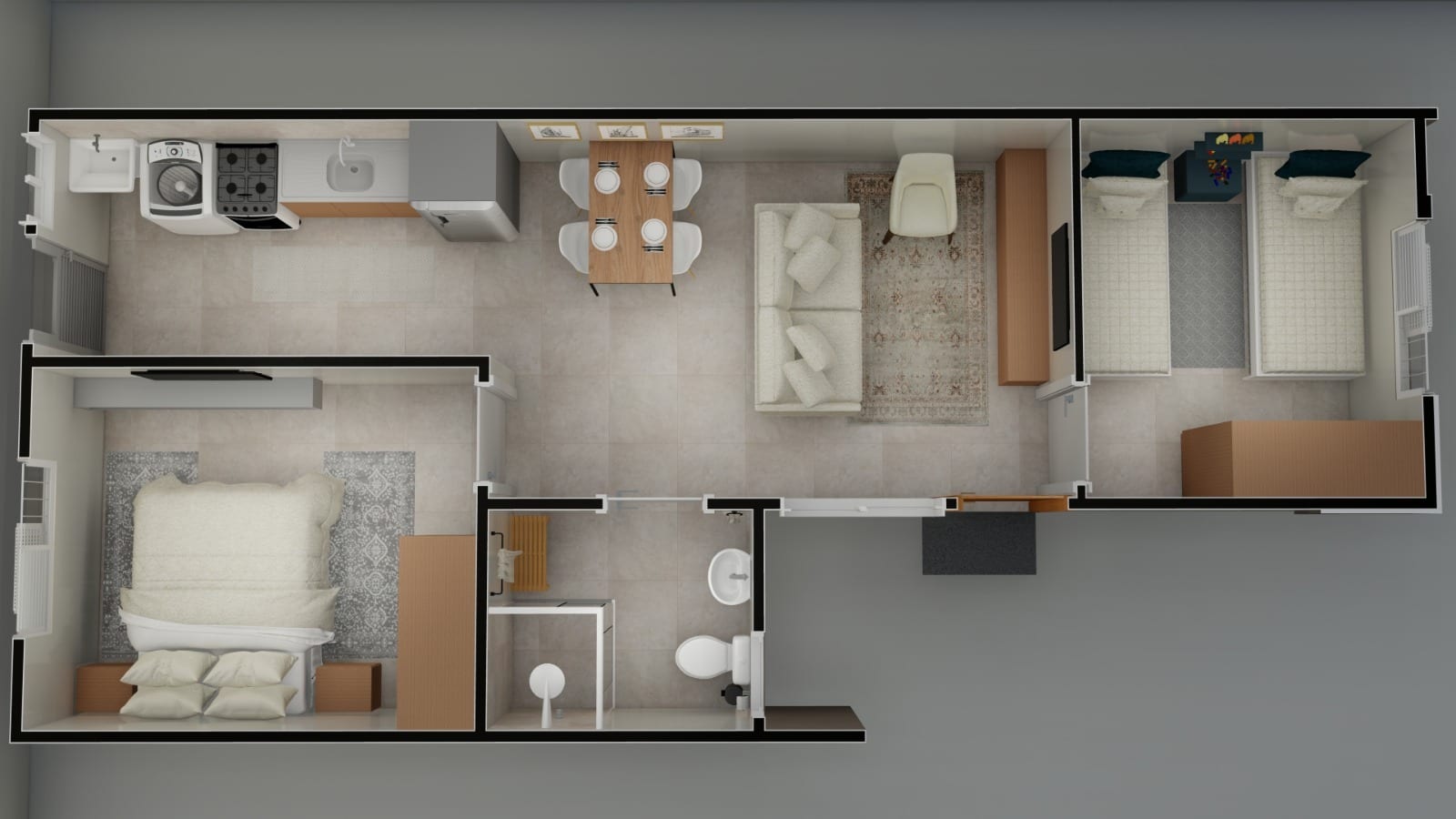 Planta baixa humanizada da casa: dois dormitórios, sala, cozinha, banheiro e área de serviço.