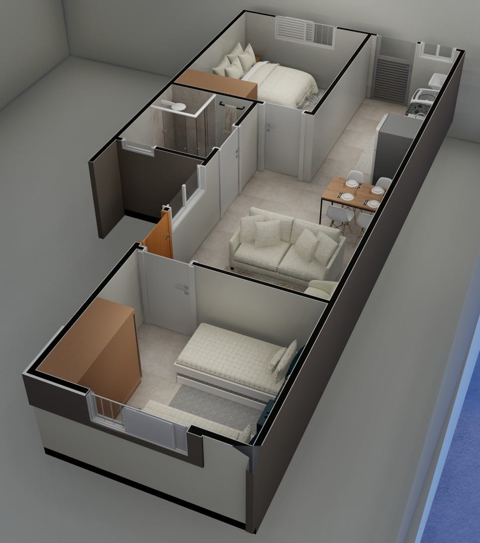 Perspectiva interna da casa, com os dormitórios, a sala e a cozinha vistos de cima.
